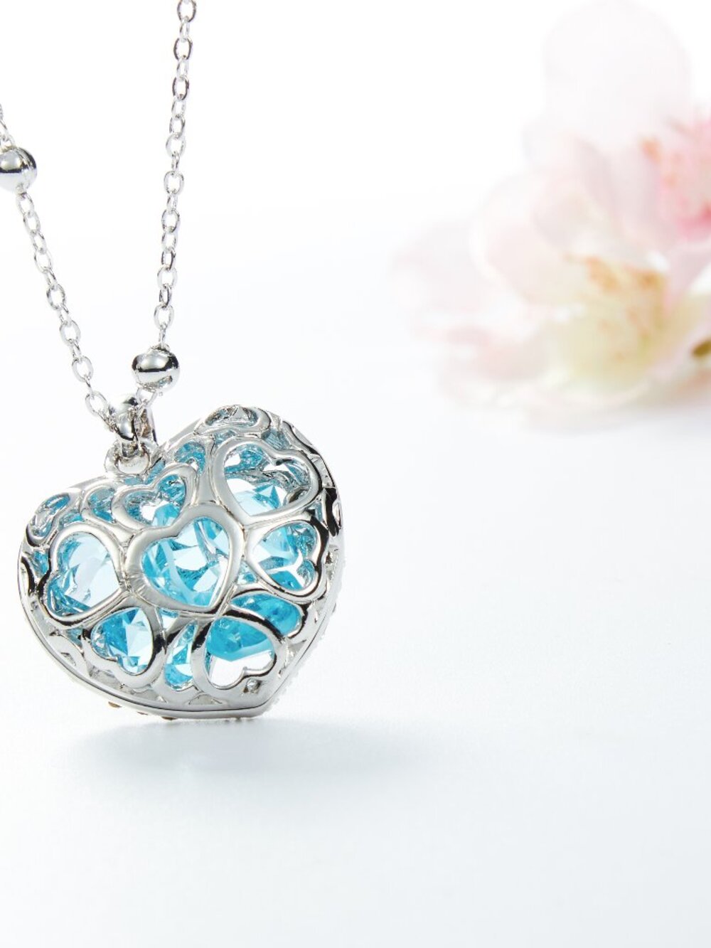 Heart Filigree Pendant Necklace with Blue Sapphire Austrian Crystals, 31" - Picture 4 of 4